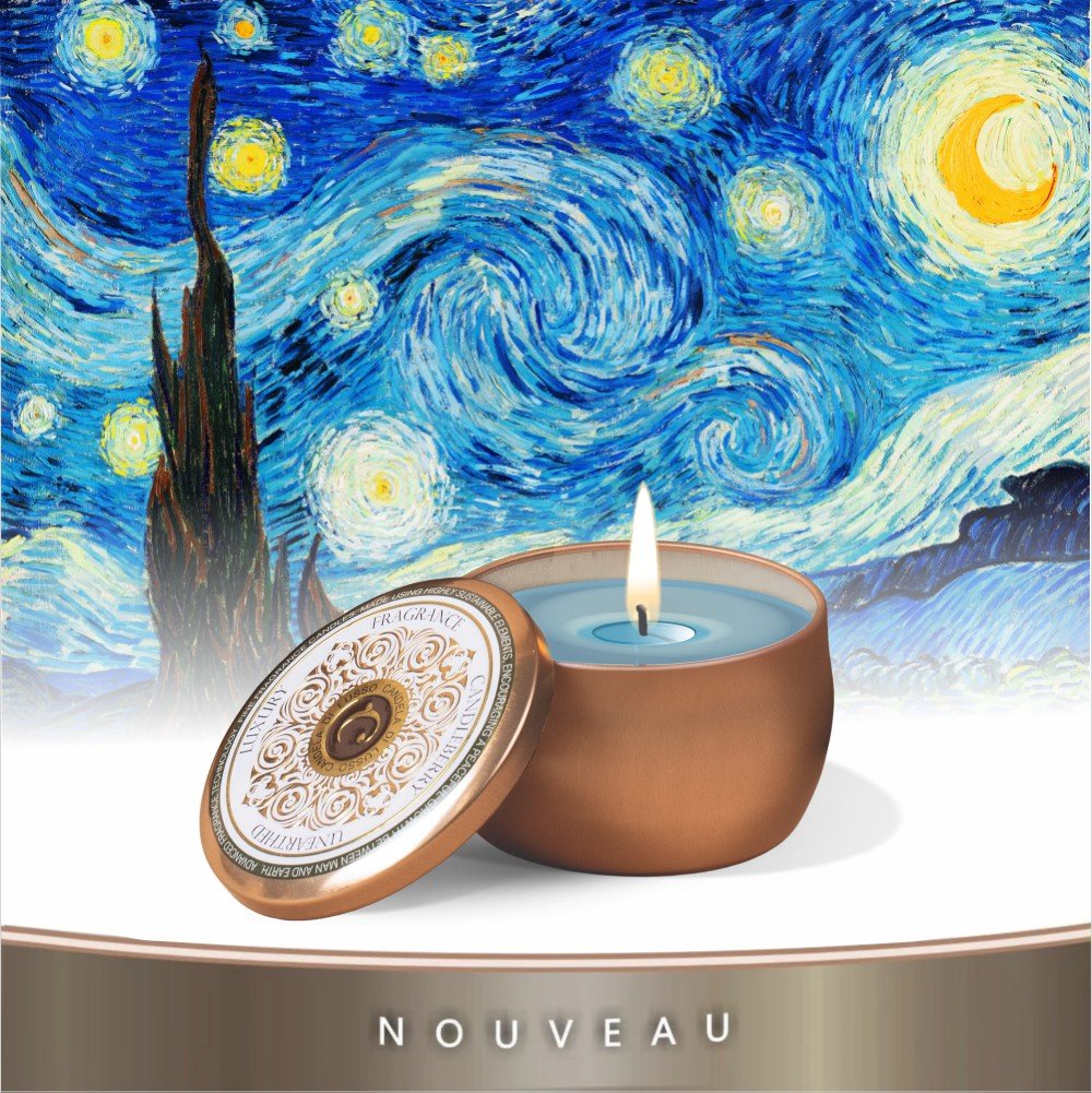 VERBENA TWILIGHT TRAVEL TIN SCENTED CANDLE vincent van gogh gough go starry night HIGHLY FILL HOUSE BEST SELLER soy coconut vegan natural essential oils mens cologne masculine fragrance